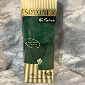 New In Box Vintage Isotoner Velour Opera Comfort Slippers, Size M, Leather Sole